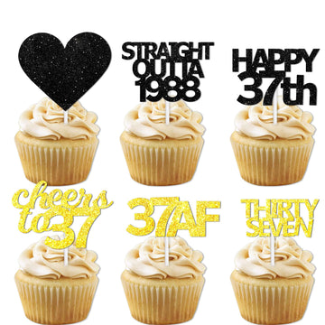 18pcs Black Gold Glitter Dessert Cupcake Pick for Straight Outta 1988 Cheer to 37 Years Old Theme Decor Supplies Happy 37th Birt