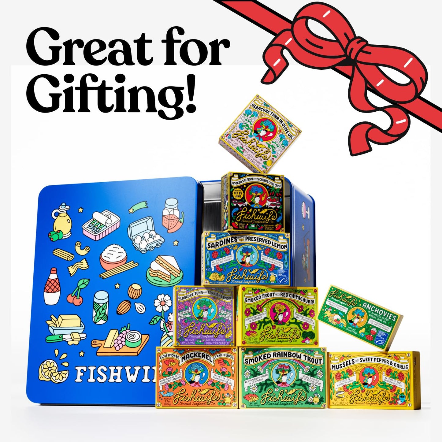 Fishwife Holiday Gift Tin Collection 9-Pack (Variety Of Tinned Seafood Including Smoked Salmon, Rainbow Trout, Sardines, Mussels, Tuna & More!) | Gluten Free, High Protein, Omega-3S