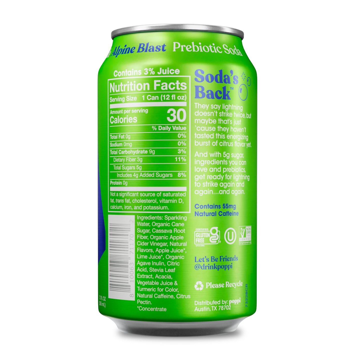 Poppi Sparkling Prebiotic Soda with Apple Cider Vinegar, Alpine Blast Flavor, 12 Fl Oz