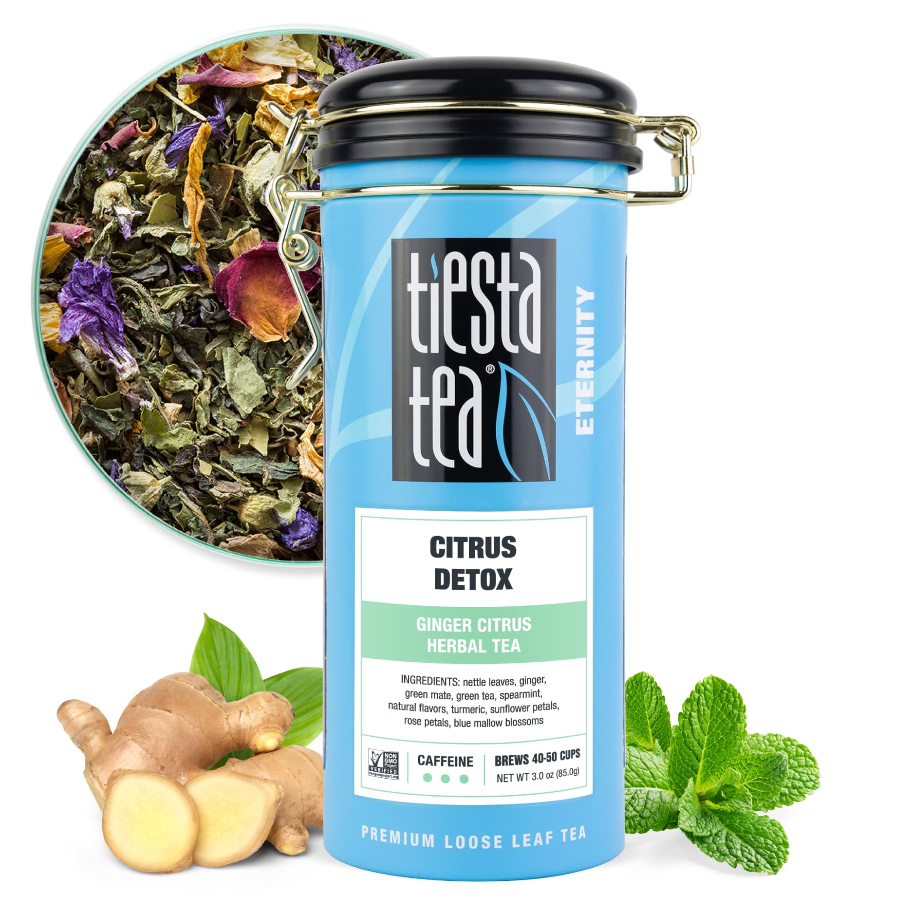Tiesta Tea Ginger Citrus Herbal Tea Loose Leaf 3oz Tin Brews 50 Cups Caffeine-Free