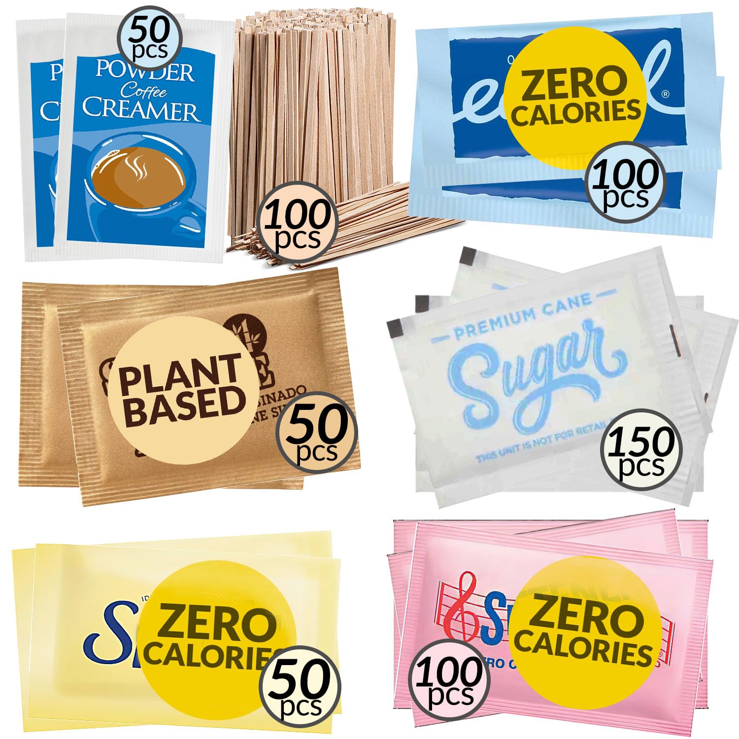 Assorted Sugar Variety Pack & Powder Creamer Packets 600 Count Pack - Individual & Bulk Raw Sugar Packets for Coffee - Perfect Variety of Single Serve Sweeteners & Creamers for Office or Home Station