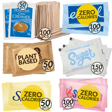 Assorted Sugar Variety Pack & Powder Creamer Packets 600 Count Pack - Individual & Bulk Raw Sugar Packets for Coffee - Perfect Variety of Single Serve Sweeteners & Creamers for Office or Home Station