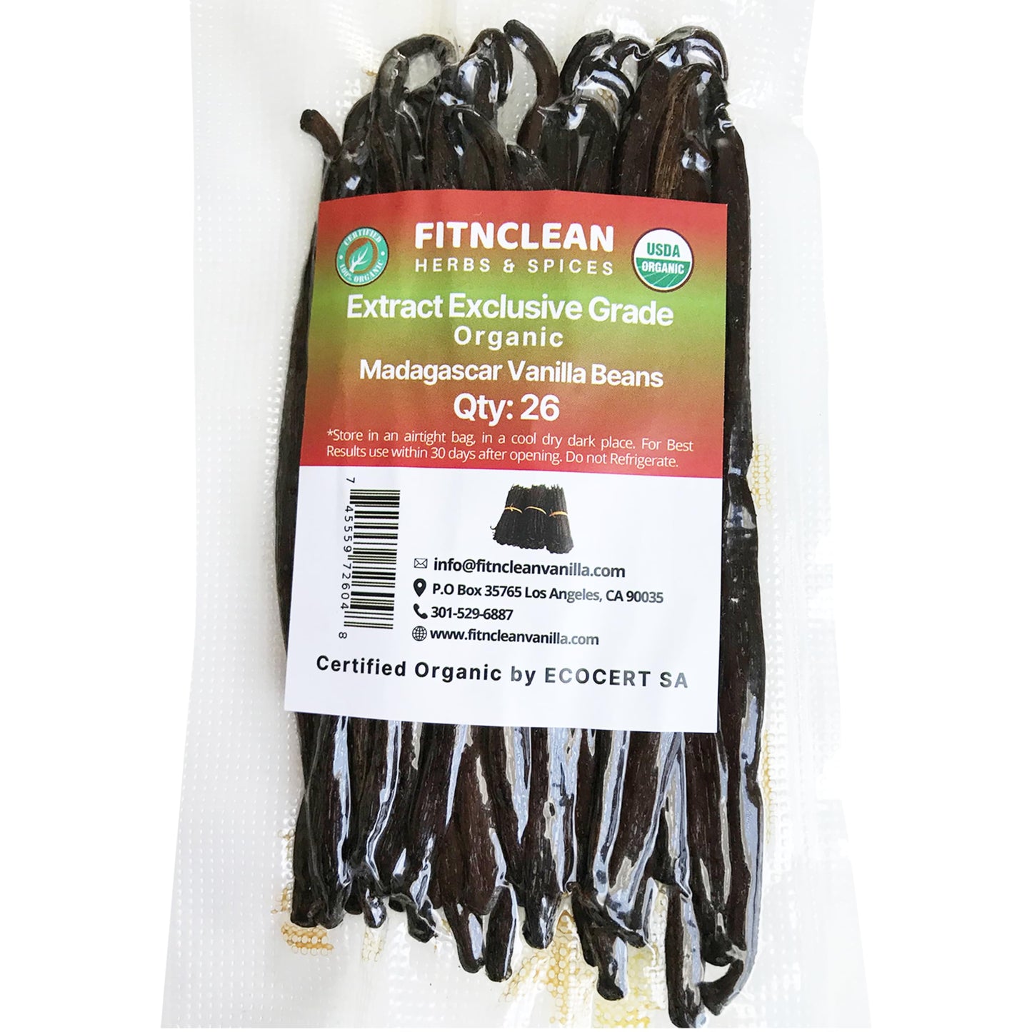 FITNCLEAN VANILLA Organic Madagascar Vanilla Beans Extract Grade B, 26 Count, 4.5-5.5, Non-GMO, USDA Certified