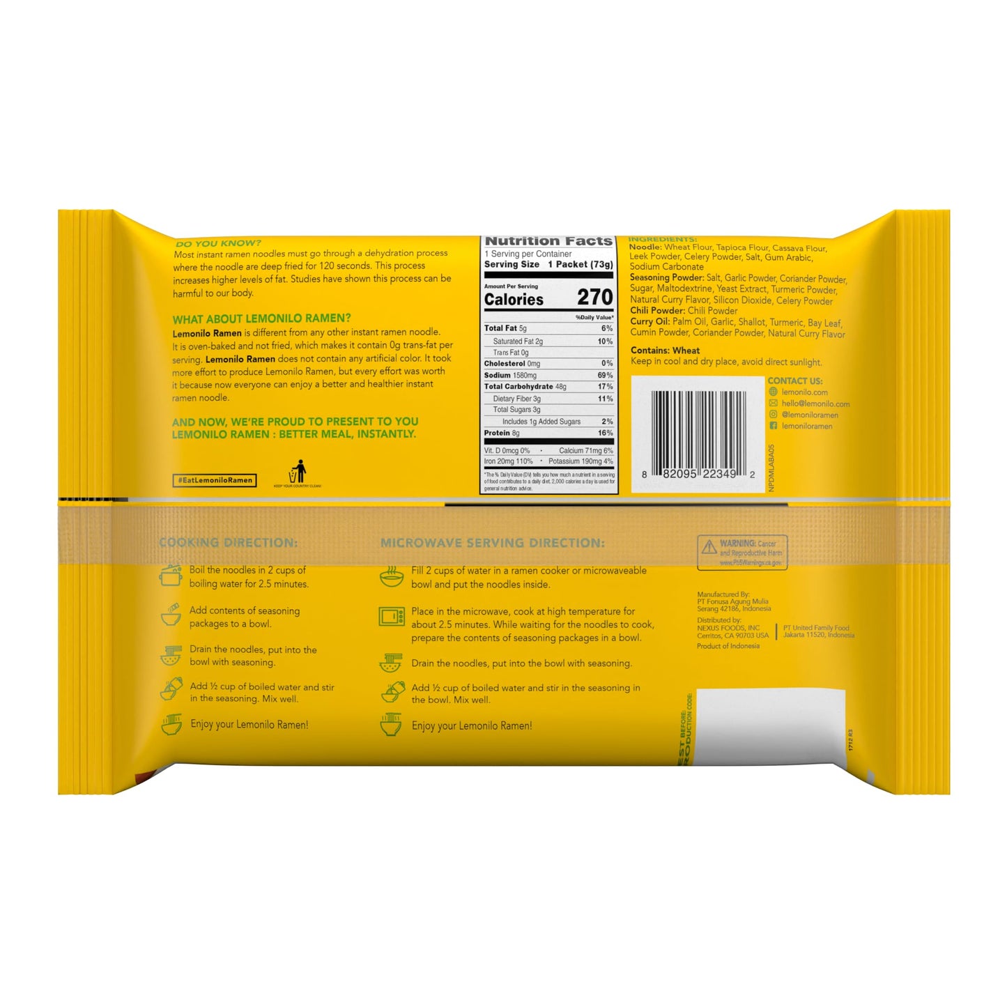 Lemonilo Ramen - Chicken Curry Soup - Healthy Instant Oven-Baked Noodles - 2.82 Oz Single Pack
