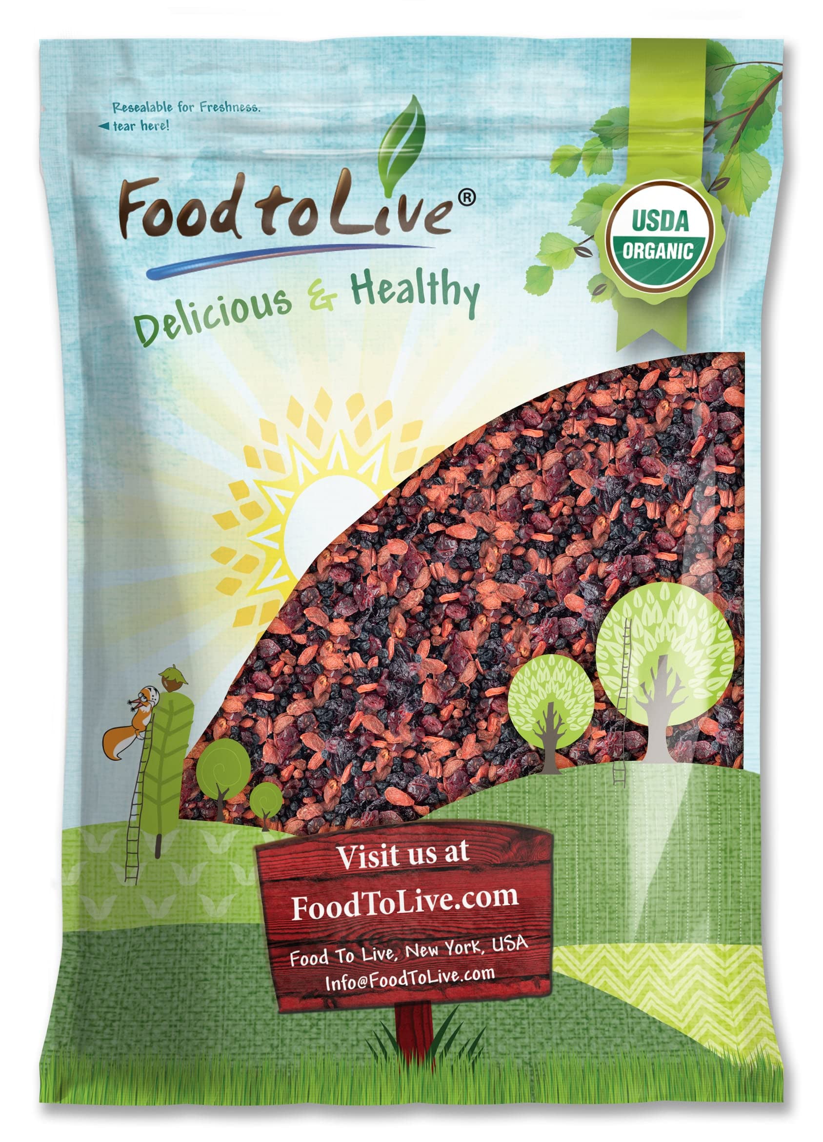 Food to Live - Organic Yummy Berries Mix, 8 Pounds - A Blend of Non-GMO Dried Cranberries, Blueberries, Cherries, Goji Berries, 