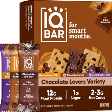 Iqbar Brain And Body Plant Protein Bars - Chocolate Lovers Variety - 12 Count, Low Carb, High Fiber, Gluten Free, Vegan Snacks -