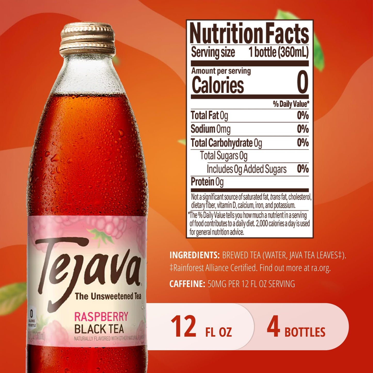 Tejava Raspberry Black Iced Tea  4 Pack  12oz Glass Bottles  Unsweetened  Non-GMO  Kosher  No Sugar or Sweeteners  No calories  No Preservatives  Brewed in Small Batches