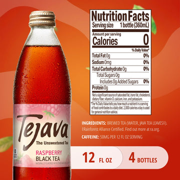 Tejava Raspberry Black Iced Tea  4 Pack  12oz Glass Bottles  Unsweetened  Non-GMO  Kosher  No Sugar or Sweeteners  No calories  No Preservatives  Brewed in Small Batches