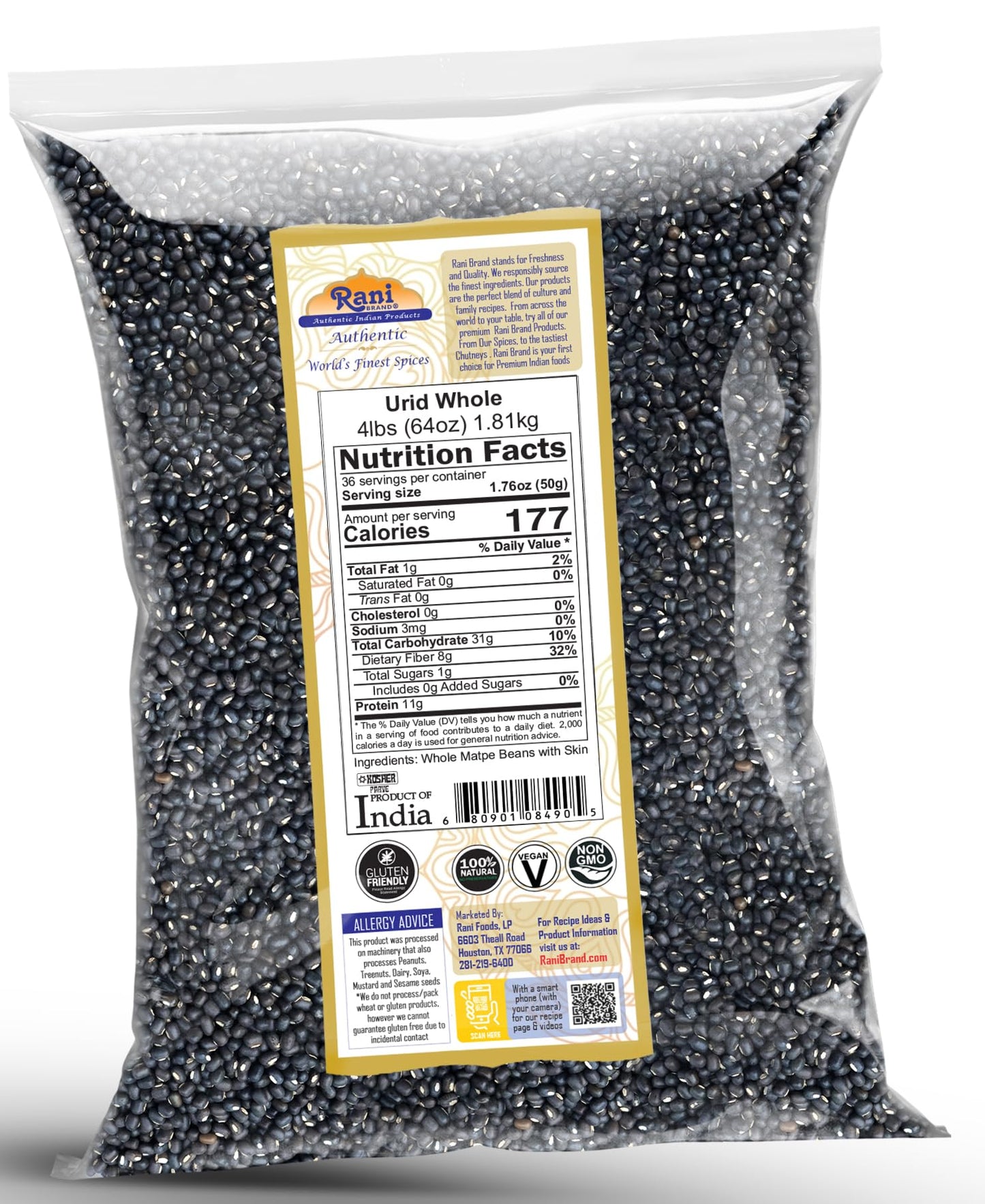 Rani Urid/Urad Whole Black (Matpe Beans With Skin) Indian Lentils 64Oz (4Lbs) 1.81Kg Bulk~ All Natural | Gluten Friendly | Non-Gmo | Kosher | Vegan | Indian Origin
