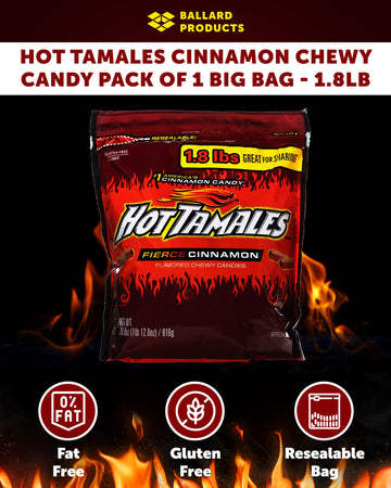 Hot Tamales Cinnamon Chewy Candy Pack Of 1 Big Bag - 1.8Lb Each - Bulk Candy Bundle Of Spicy Cinnamon Candy - Bundle With Ballar