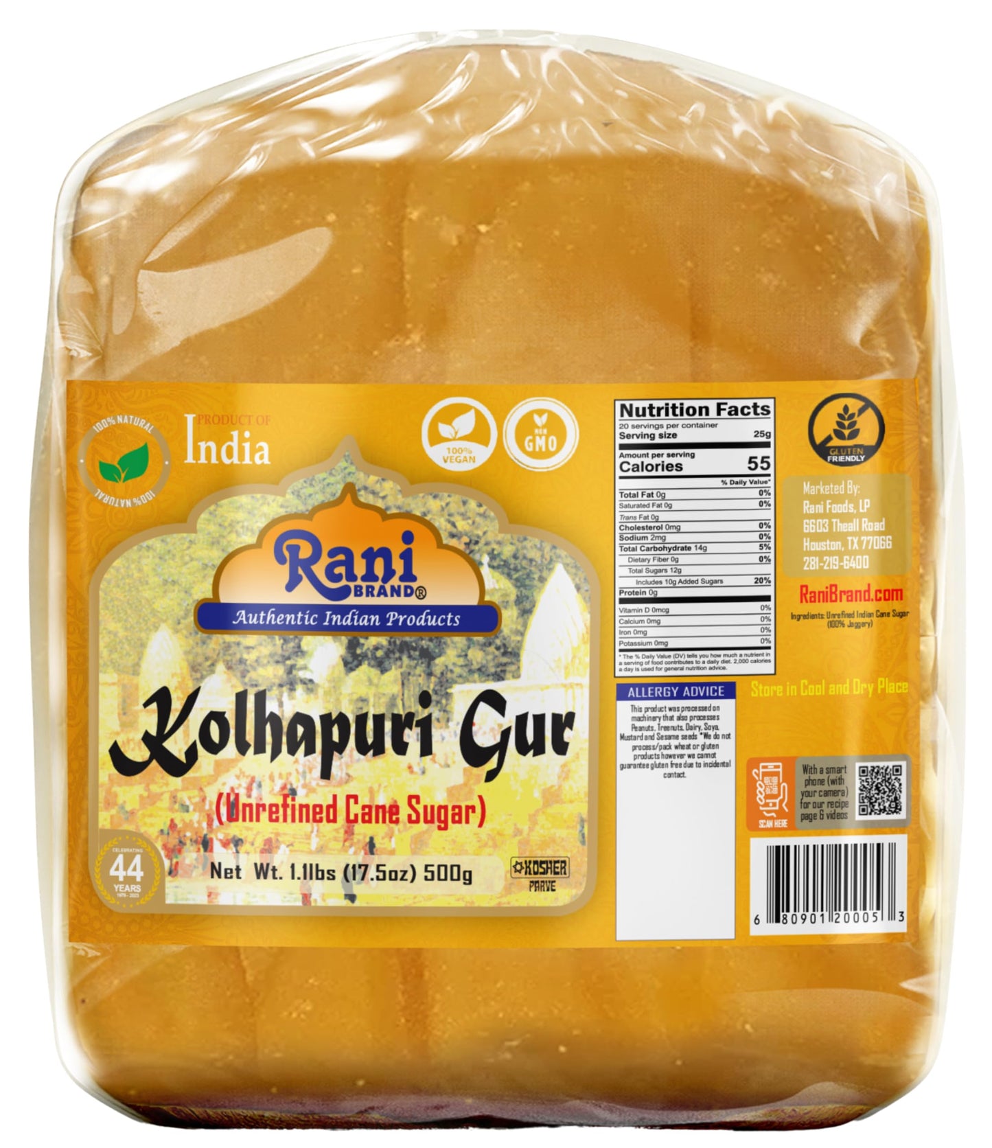 Rani Kolhapuri Gur (Jaggery) 17.5oz (1.1lbs) 500g ~ Unrefined Cane Sugar, No Color added, Gluten Friendly | Vegan | NON-GMO | Ko
