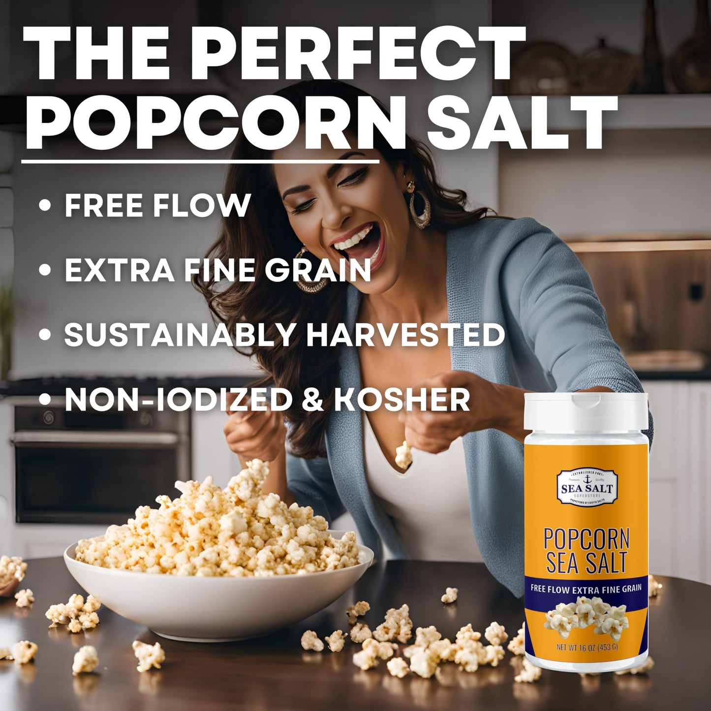Sea Salt Superstore Popcorn Salt Seasoning - Sea Salt, 16 oz Shaker