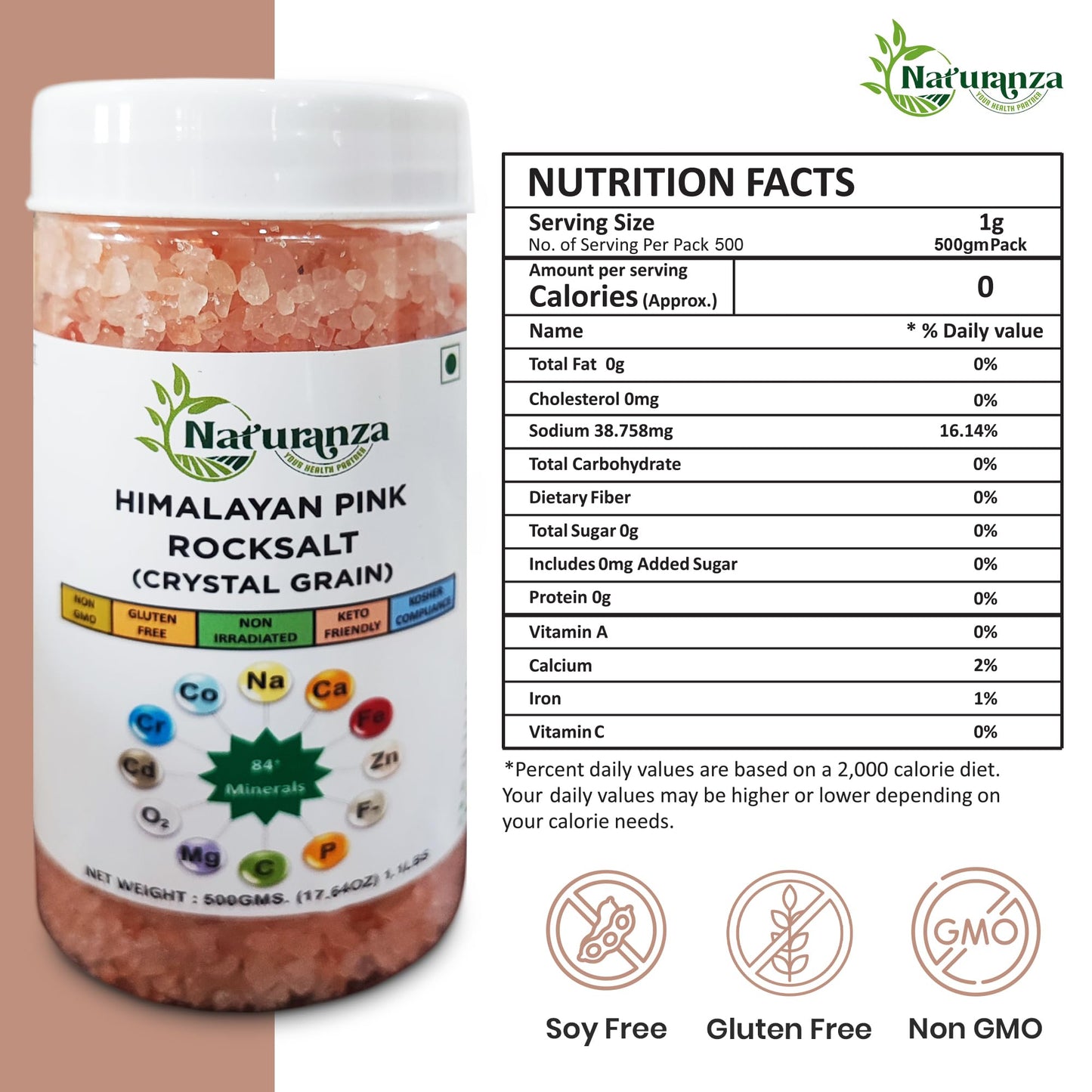 Naturanza Himalayan Pink Rock Salt Crystal Grain, 17.64 OZ, Organic, Non-GMO, Gluten-Free, Kosher