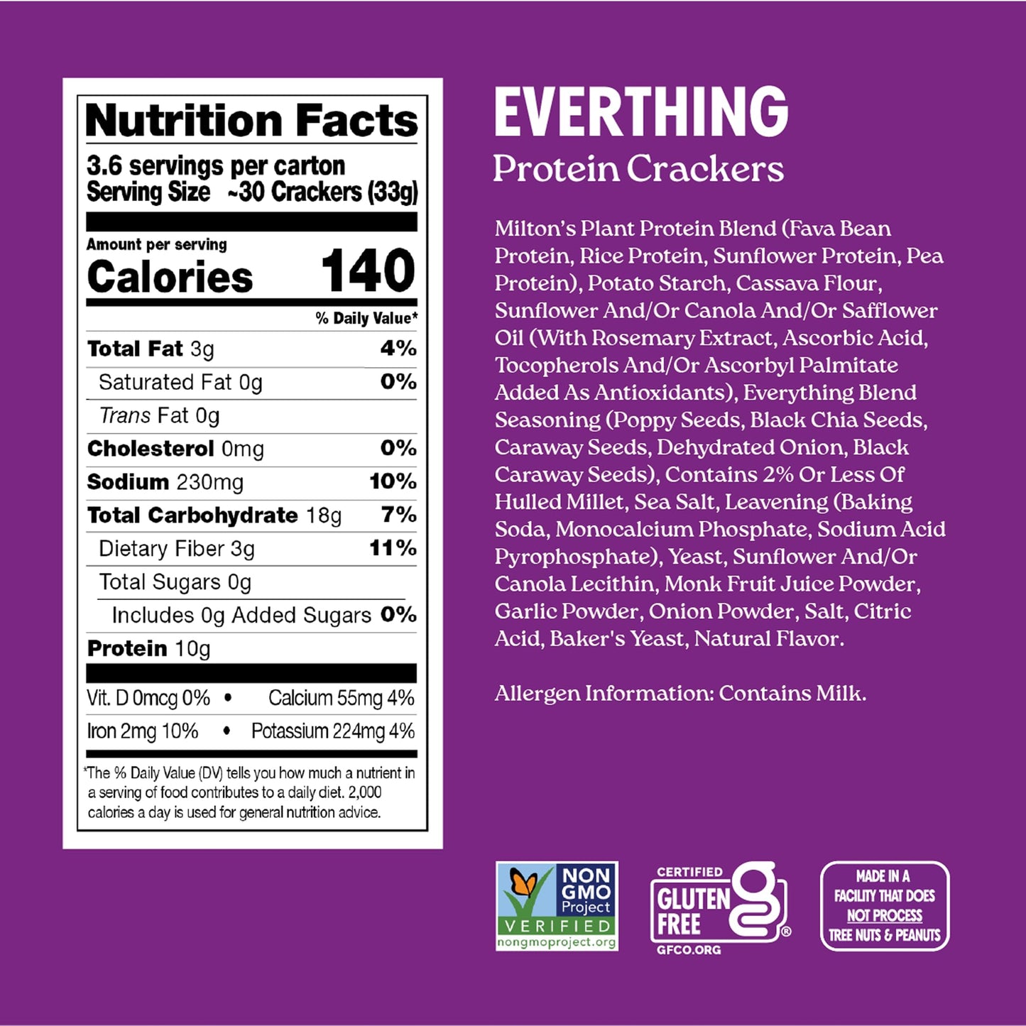 Miltons Protein Crackers, Everything - 10g of Plant-Based Protein Per Serving, Gluten Free, Non-GMO Project Verified, Vegetaria