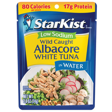 StarKist Low Sodium Albacore White Tuna in Water, 2.6 oz Pouch (24 Pack) Ready to Eat Wild Caught Tuna, 17g Protein, 80 Calories