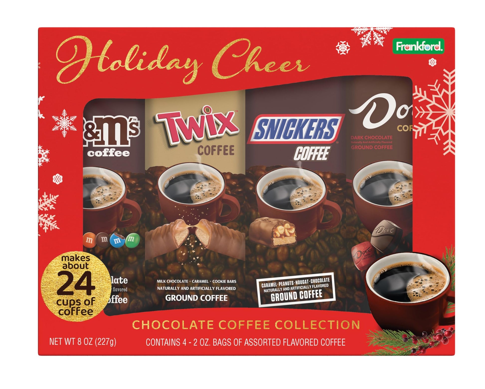 Holiday Cheer Chocolate Coffee Collection Gift Set 4 Pack, M&Ms, Snickers, Twix, Dove Flavored Ground Coffee, 8 Oz Box