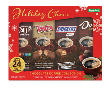 Holiday Cheer Chocolate Coffee Collection Gift Set 4 Pack, M&Ms, Snickers, Twix, Dove Flavored Ground Coffee, 8 Oz Box