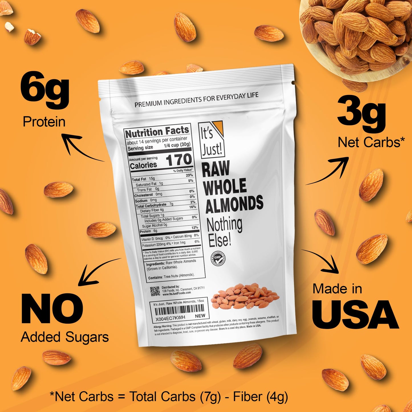 It'S Just - Raw Whole Almonds, Grown In California, Unsalted, Premium Quality, Supreme Grade, Naturally Semi Sweet, Made In Usa