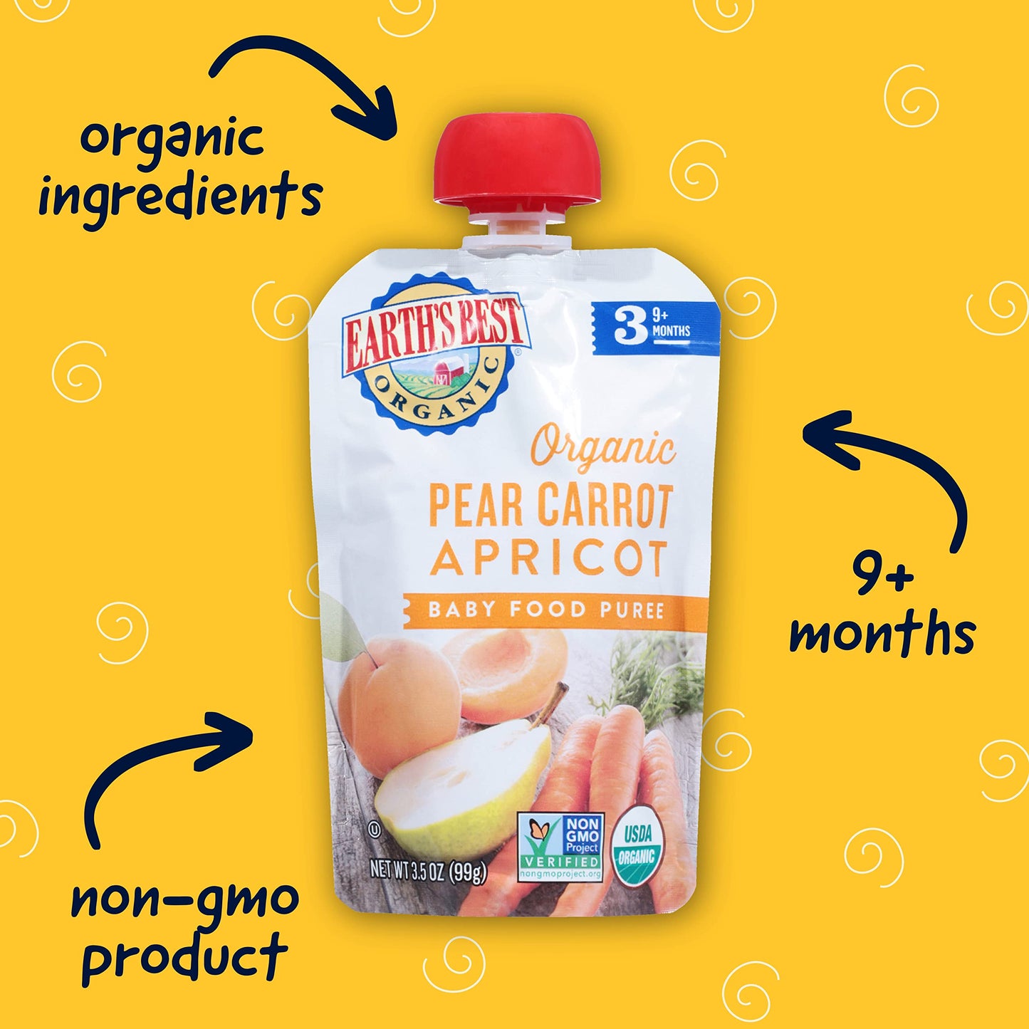 Earth'S Best Organic Baby Food Pouches, Stage 3 Fruit And Vegetable Puree For Babies 9 Months And Older, Organic Pear Carrot Apr