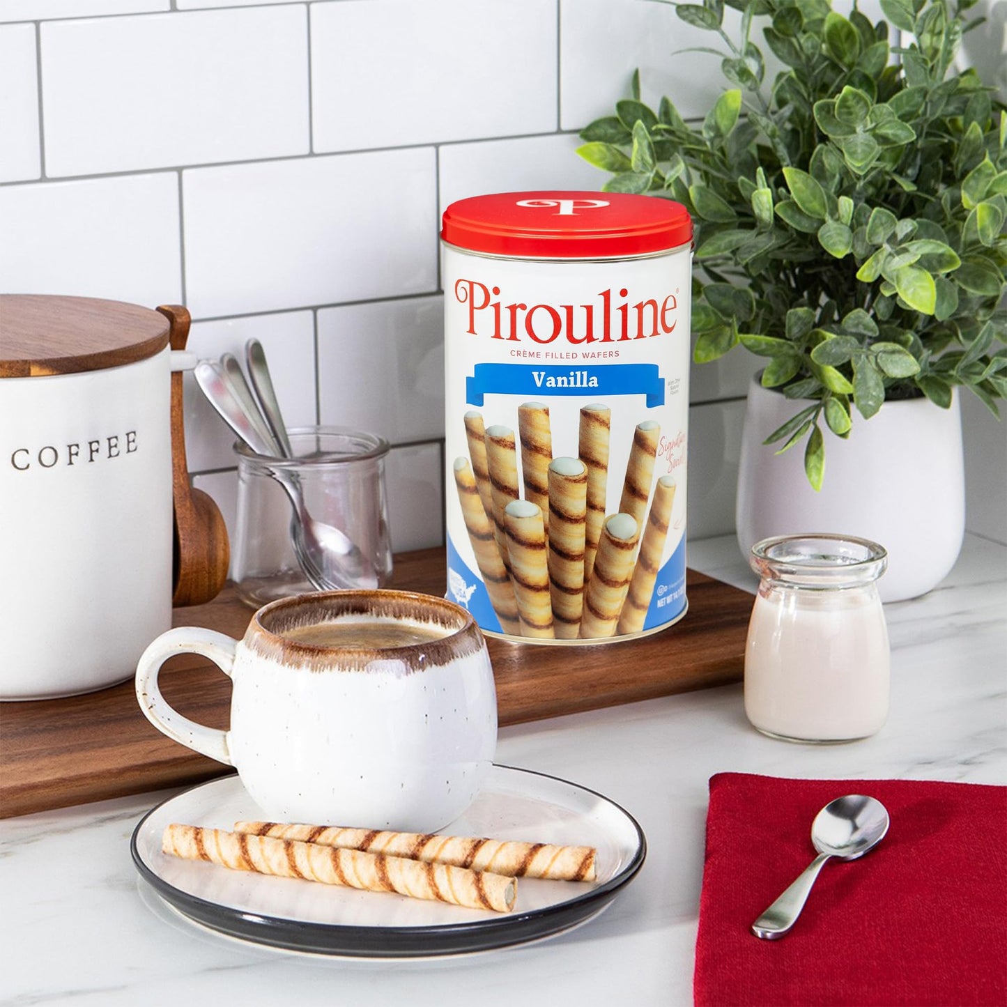 Pirouline Rolled Wafers – Vanilla Crème – Rolled Wafer Sticks Bundled With Serving Tongs, Crème Filled Wafers For Coffee, Tea, Ice Cream, Snacks, Parties, Gifts, And More – 14Oz Tin 6Pk