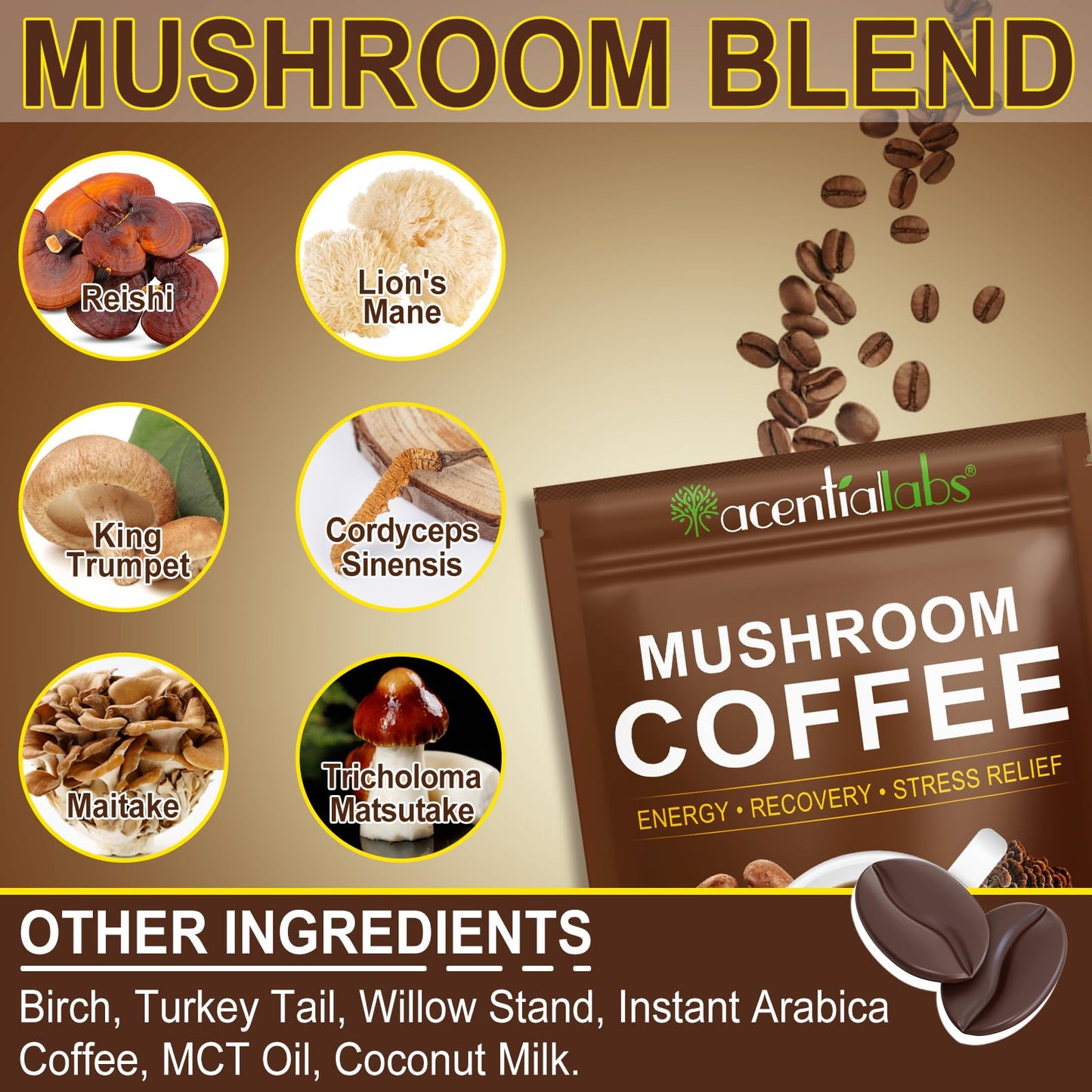 Mushroom Coffee | 10 Superfood Mushrooms Instant Coffee | Better Energy, Focus, Digestion, Immunity | Cordyceps, Lions Mane, Tur