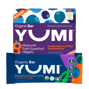 Yumi Organic Toddler Snacks Bars - Gluten-Free  No Added Sugar  7+ Vegetables  Soft-Baked Crust Yumi Bars  Healthy Toddler Organic Snacks - School Safe and for Lunch Boxes  Blueberry & Purple Carrot (30ct.)
