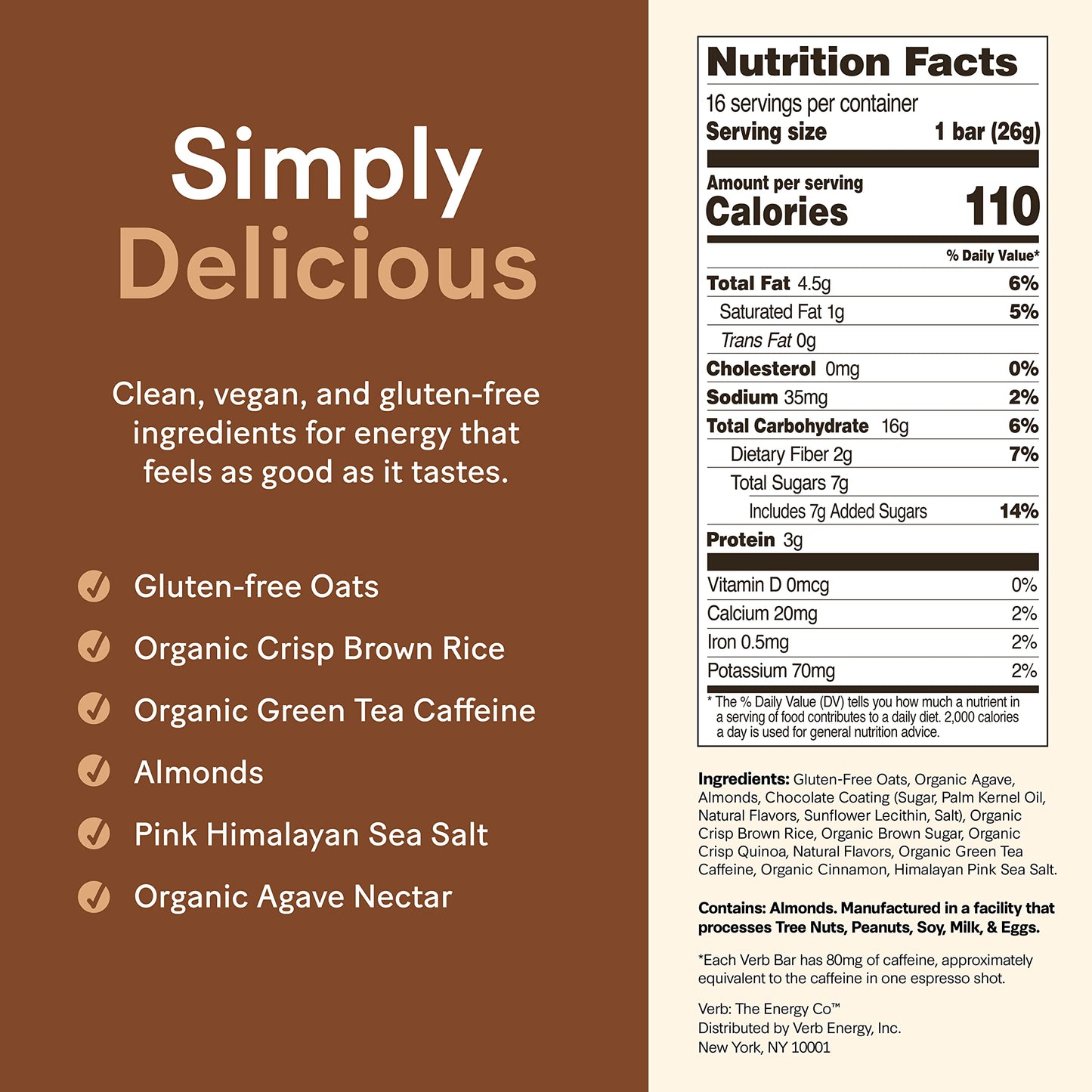 Verb Caffeinated Energy Bars Smores (26G, Pack Of 16) 110-Calorie Delicious Low Sugar Energy Bar - Vegan Gluten Free On-The Go Snack With 80Mg Green Tea Caffeine, Only Real-Food Ingredients