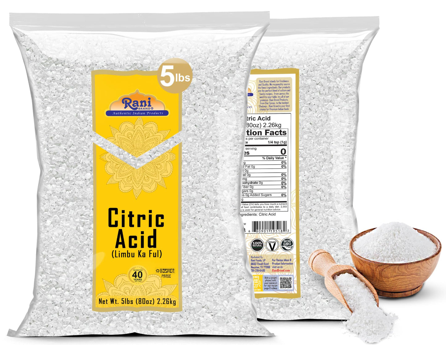 Rani Citric Acid Powder, Food Grade, 5 lbs (80 oz), Gluten Friendly, Kosher, Indian Origin