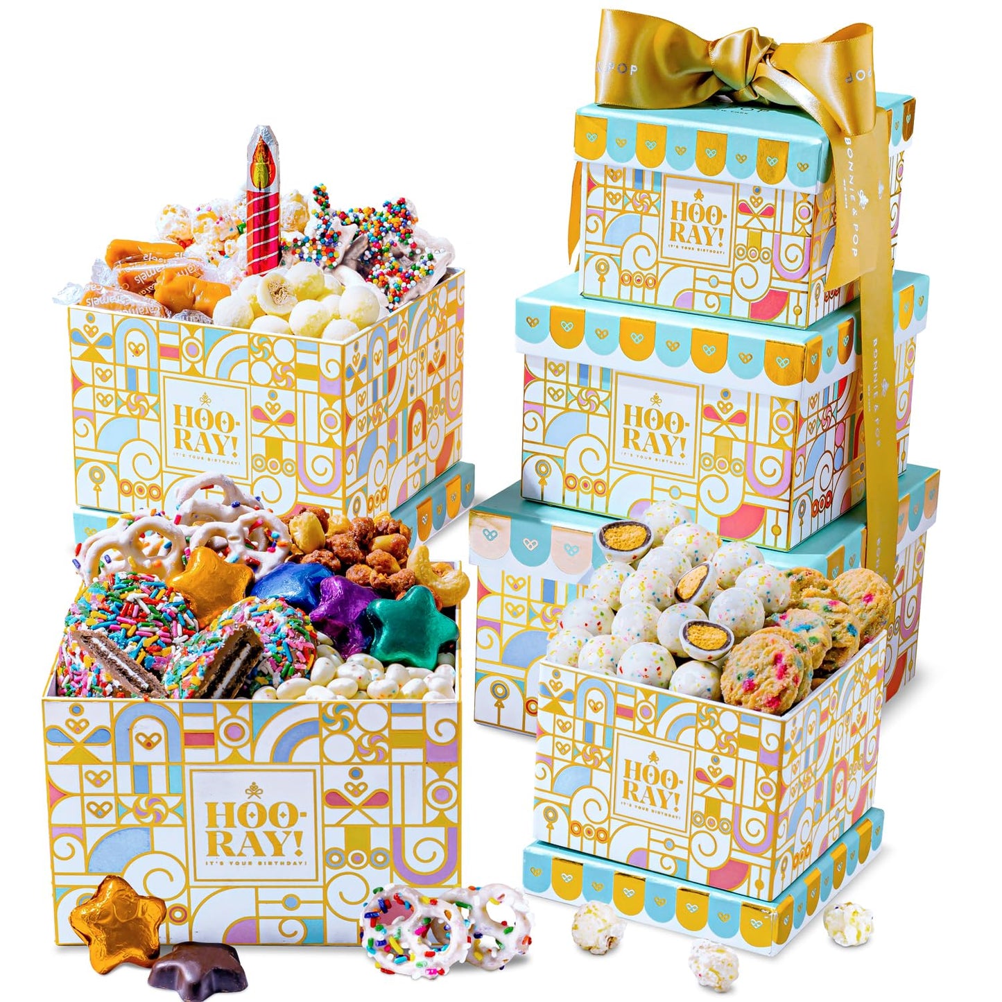 Gift Basket, Gift Tower, Candy Gift Box, Assortment Tray- Men, Women, Children Kids & Families- Bonnie and Pop (Birthday)