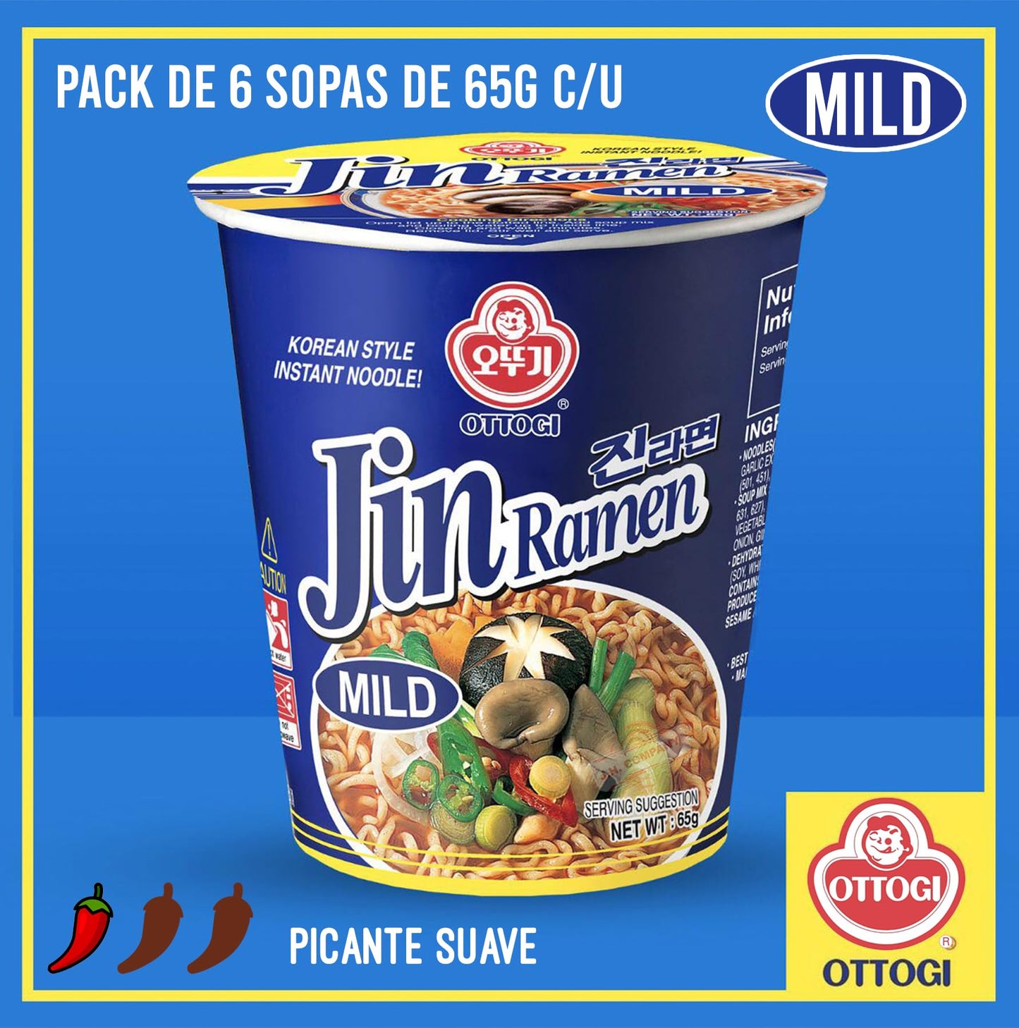 [Ottogi] Jin Ramen Mild, Korean Style Instant Cup Noodle, (65G) -6 Pack