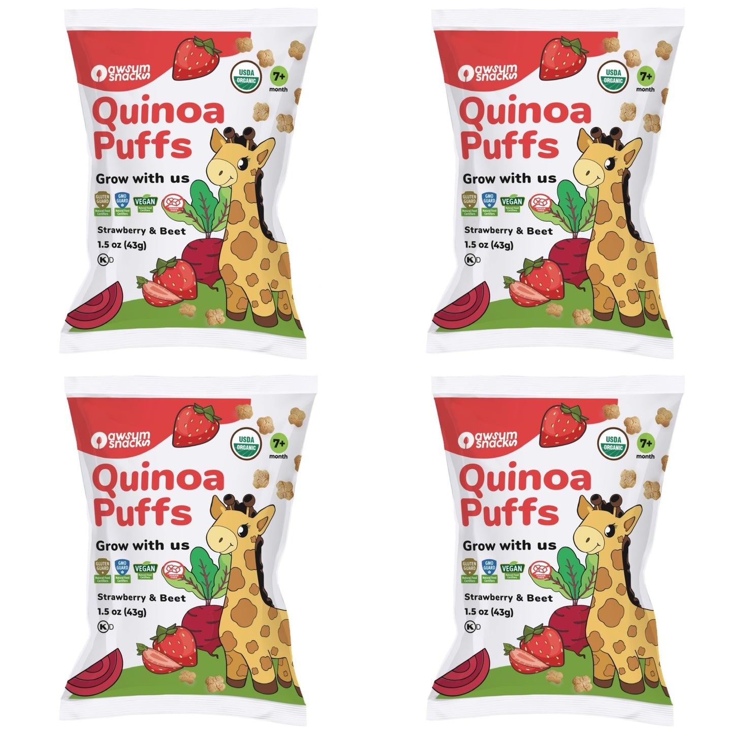Awsum Snacks Strawberry Baby Puffs (4 Bags 1.5Oz Bags) - Happy Healthy Baby Snack - Natural Plant Based Puffed Snacks - Kosher N