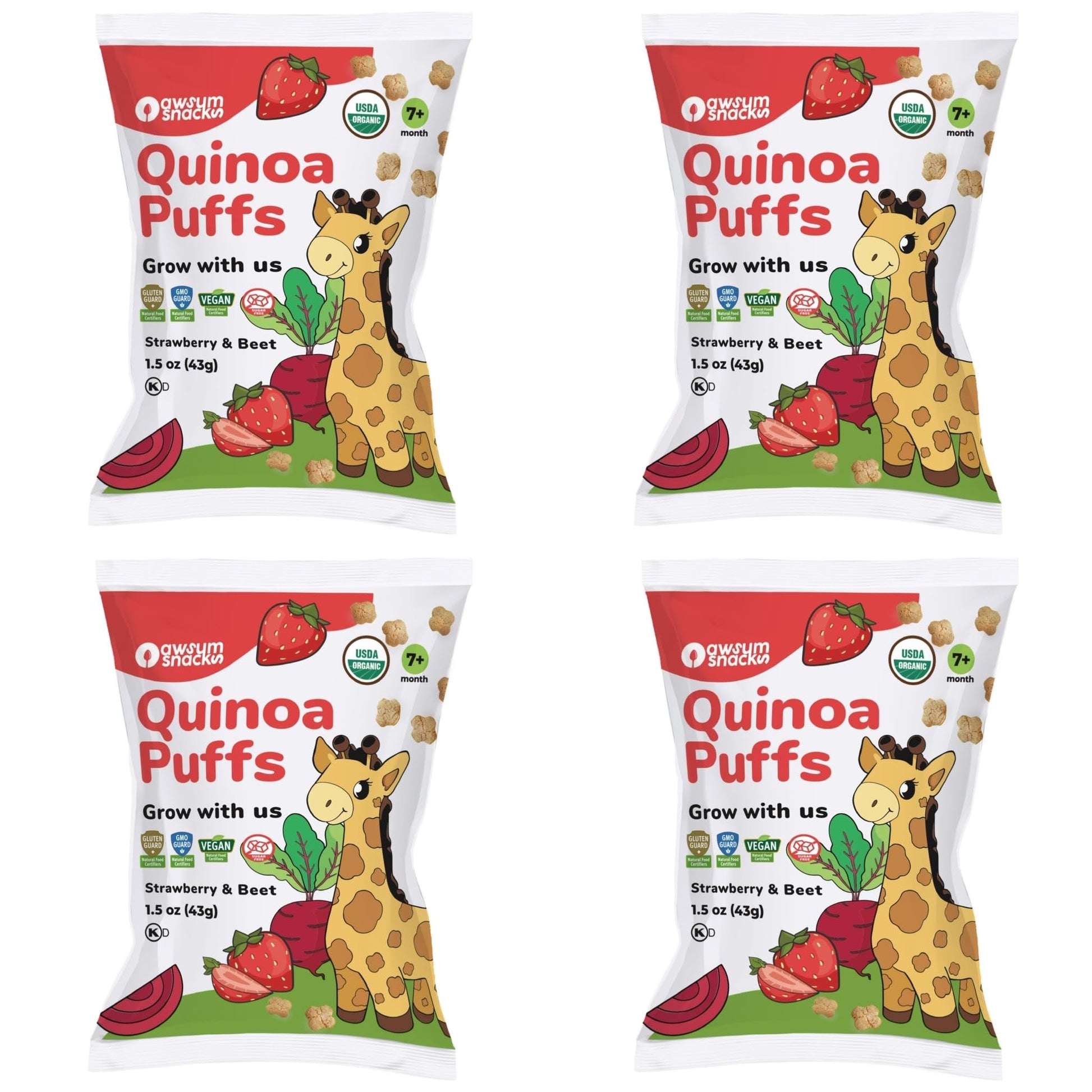 Awsum Snacks Strawberry Baby Puffs (4 Bags 1.5Oz Bags) - Happy Healthy Baby Snack - Natural Plant Based Puffed Snacks - Kosher N