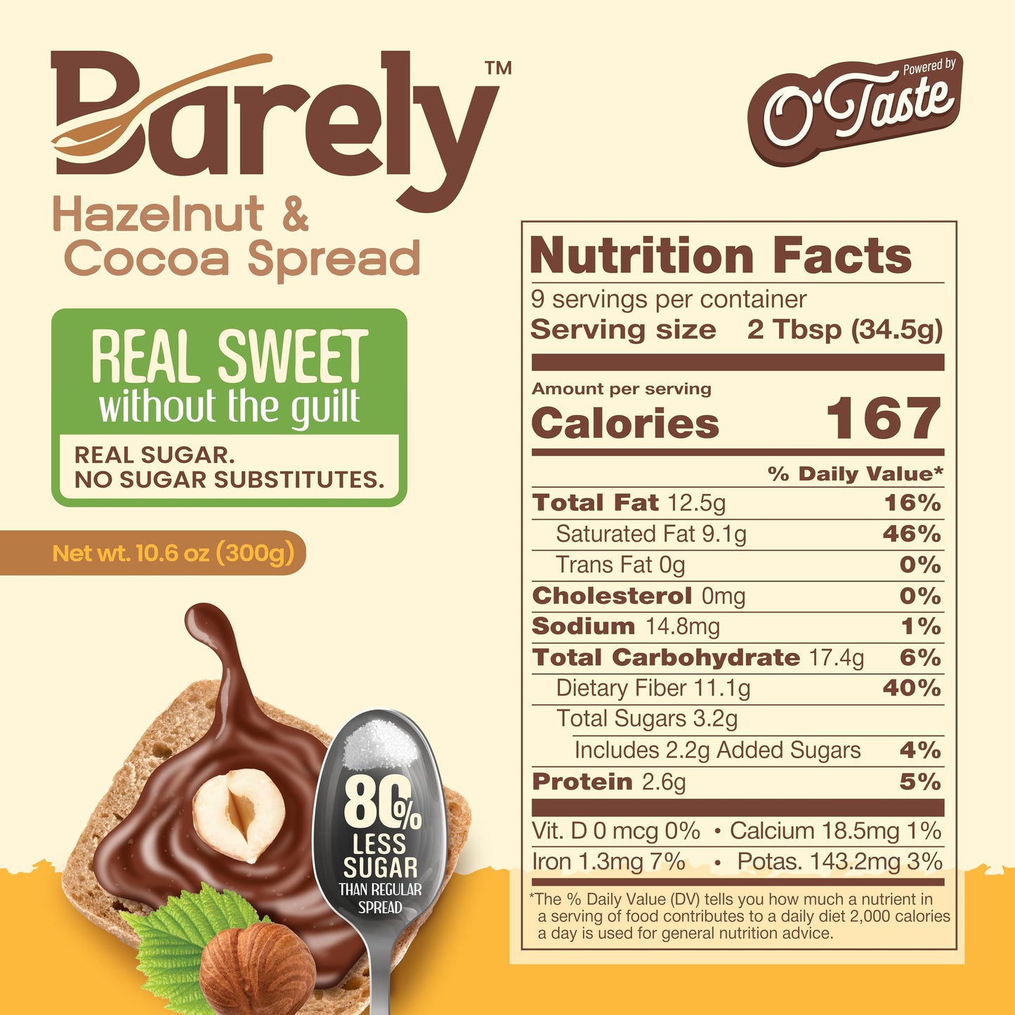 Barely Hazelnut & Cocoa Spread, Low Sugar, Vegan, Keto Friendly, 3.2g Cane Sugar, Pack of 1, Model COCOASP1PACK01