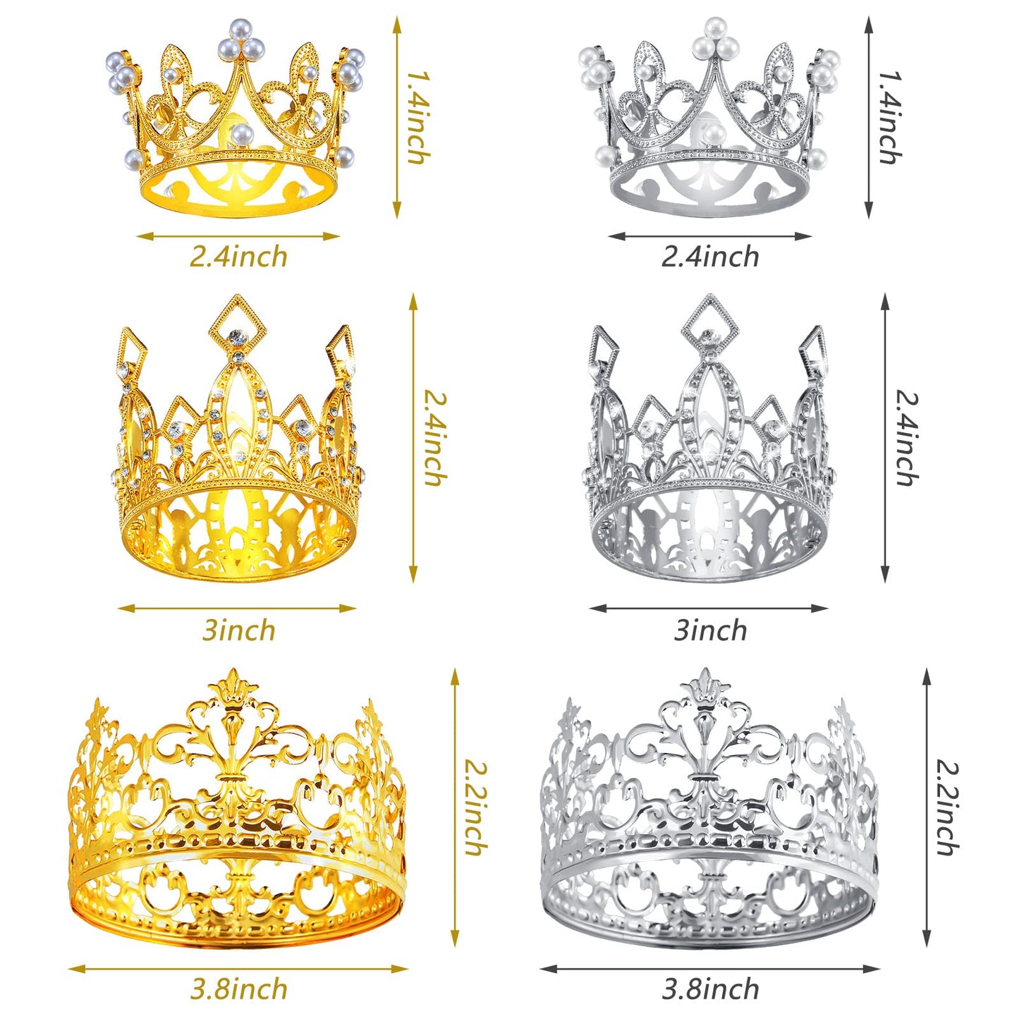Moxweyeni 6 Pieces Silver Gold Rose Crown Cake Topper Mini Crown Cake Topper For Flower Bouquet Rhinestone Tiara Crown Cake Topp