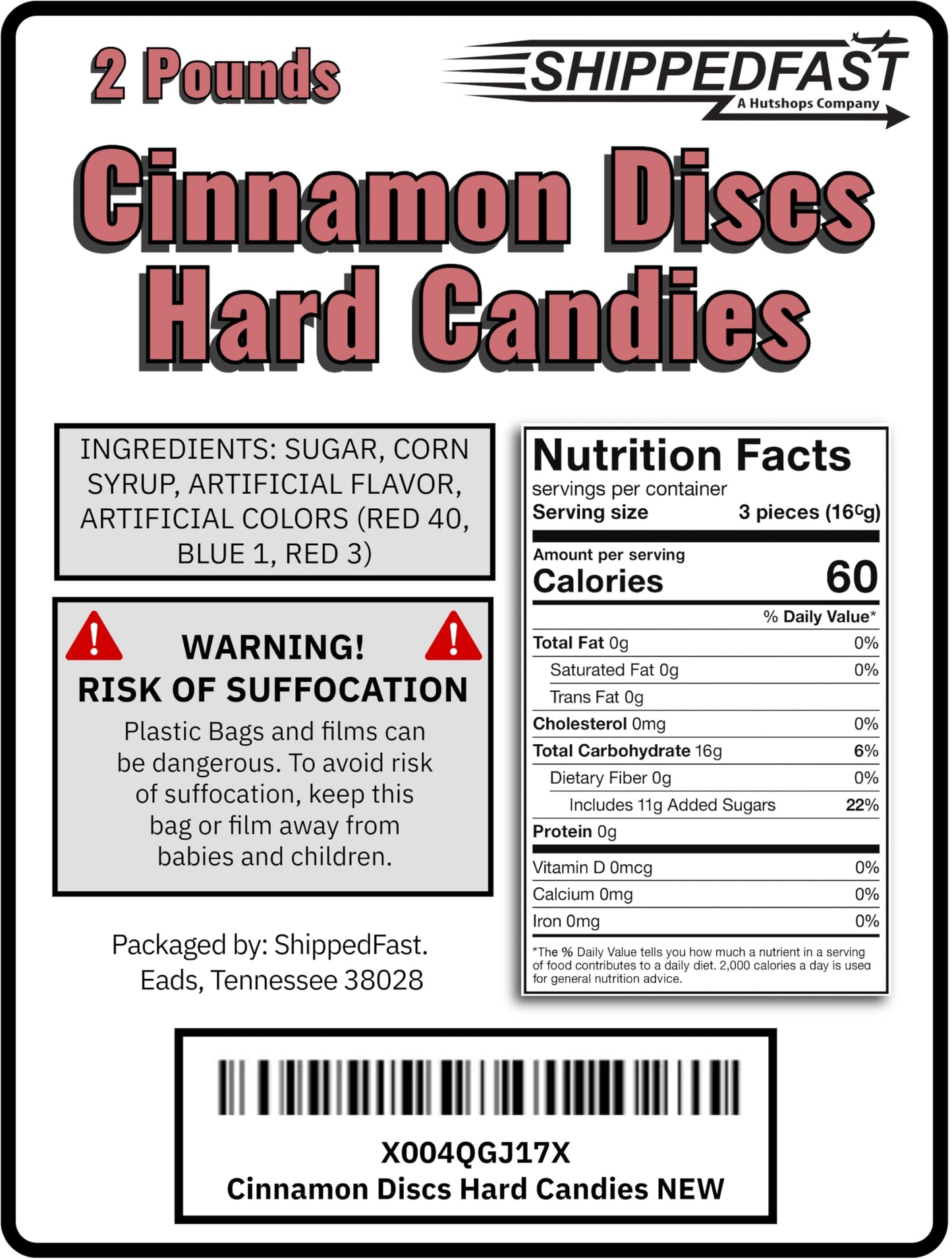 Shippedfast Cinnamon Discs Hard Candies - Individually Wrapped, 2 Pound Bag