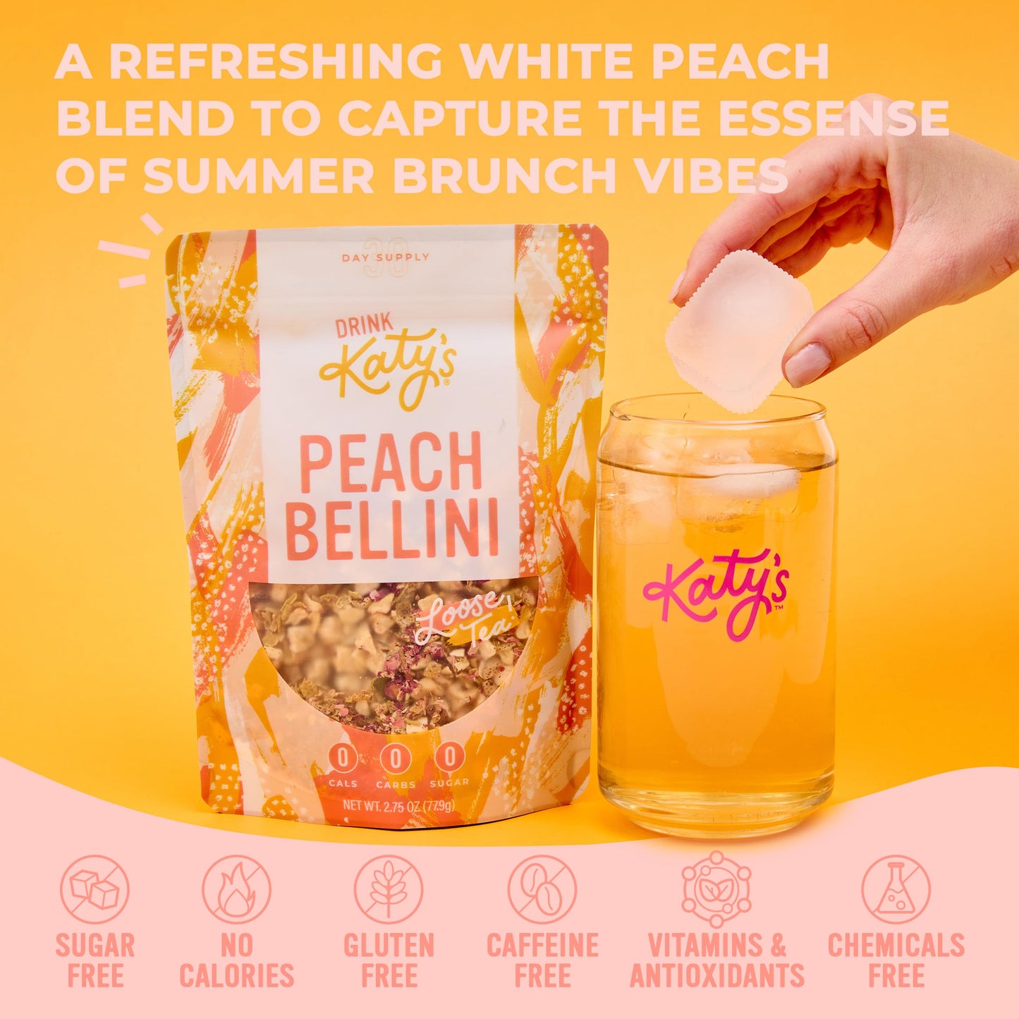 DRINK KATYS Peach Bellini Loose Leaf Tea - Fruity, Caffeine-Free, 2.75oz Pouch