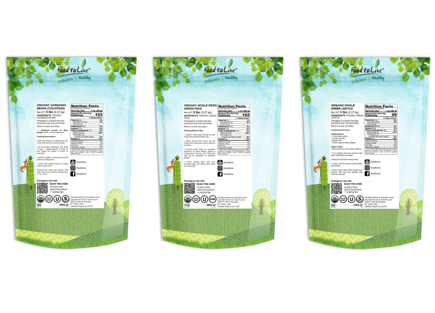 Food To Live Organic Pulses Bundle, 3 Pack - Whole Green Peas (5 Lb), Green Lentils (5 Lb), Chickpeas (5 Lb), Non-Gmo Dried Legu
