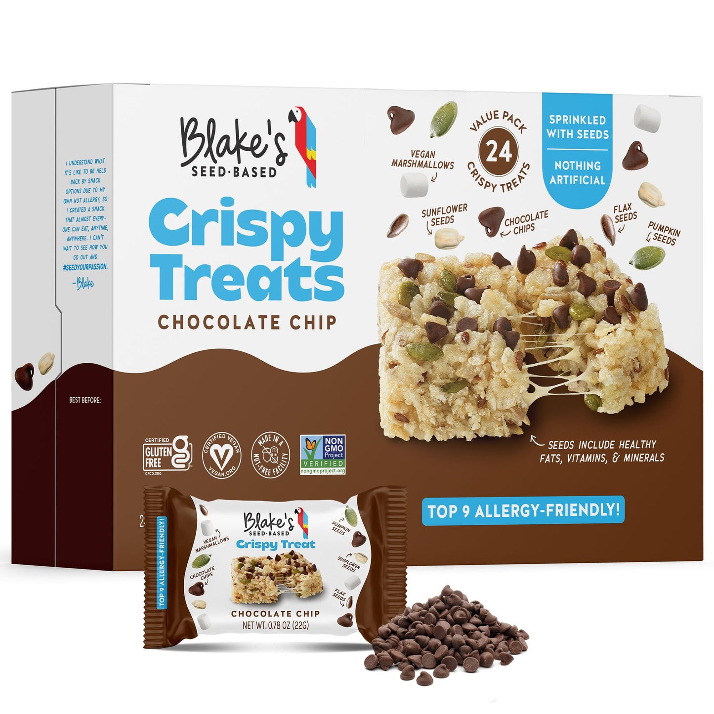 Blakes Seed Based Crispy Treats - Chocolate Chip (24 Count), Nut Free, Gluten Free, Dairy Free & Vegan, Healthy Snacks for Kids