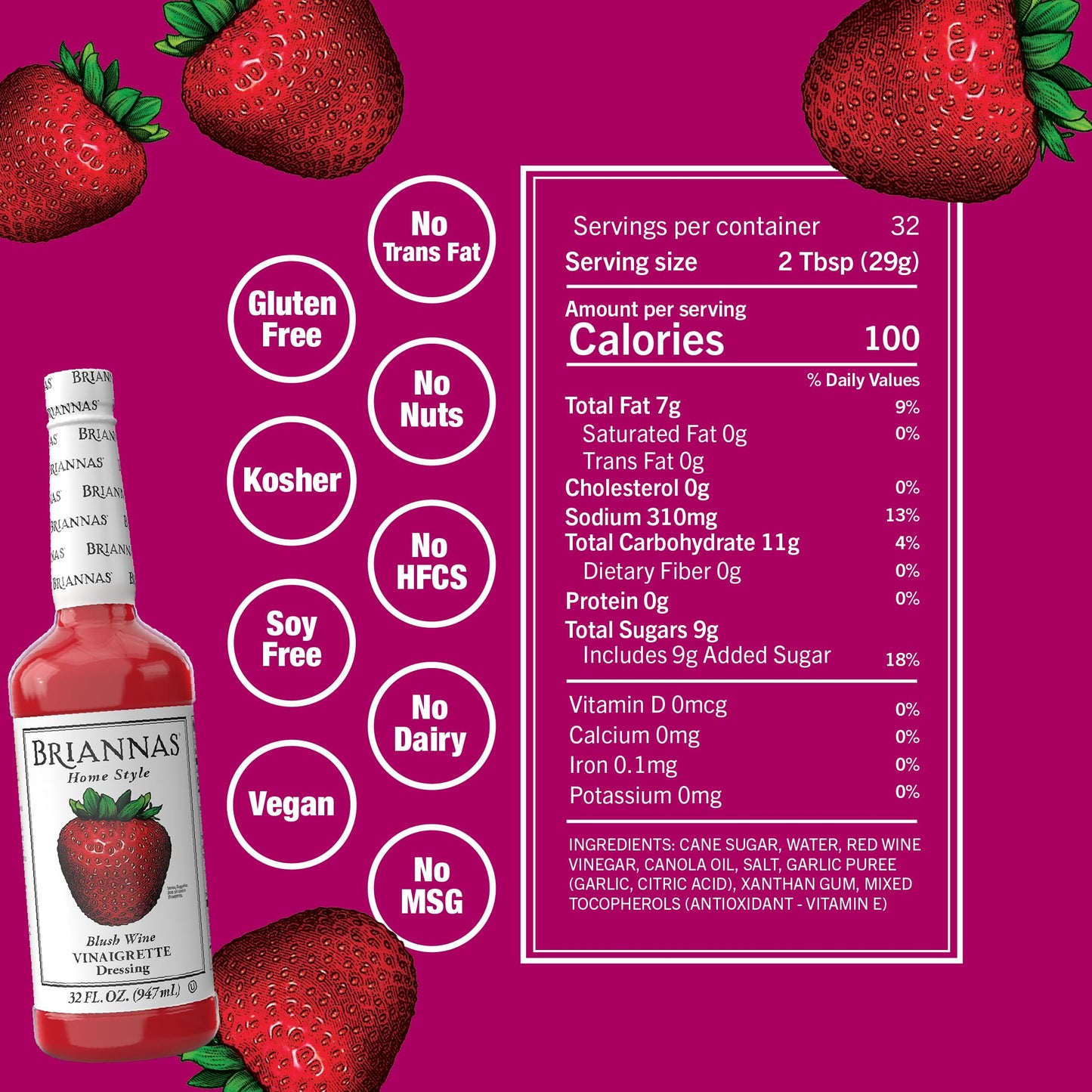 BRIANNAS Home Style Blush Wine Vinaigrette Dressing, Gluten Free, Kosher, Vegan, 32 oz. (Pack of 2)