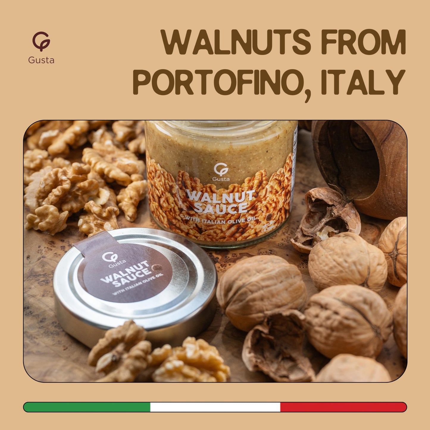 GUSTA Authentic Italian Walnut Sauce - Traditional Ligurian Recipe - All-Natural Gourmet - 180g Jar