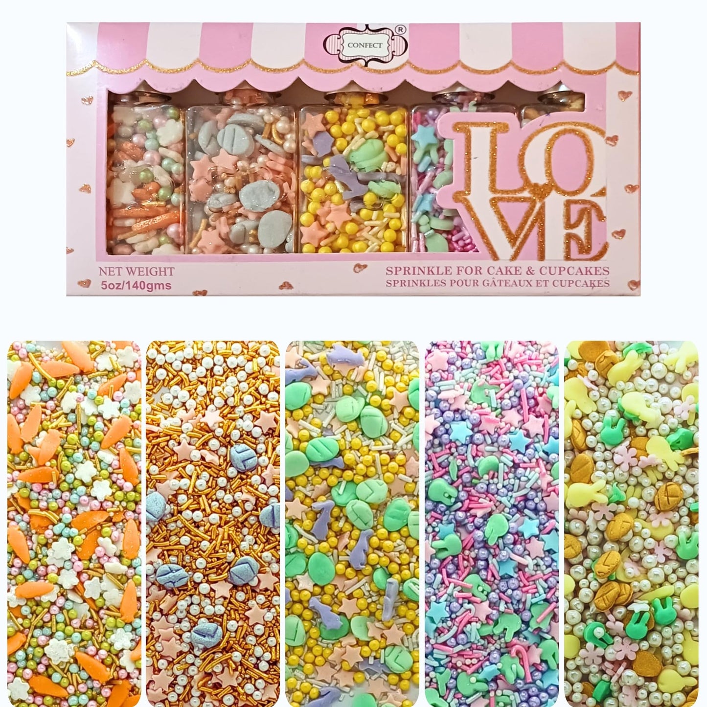 Confect Easter Sprinkles Edible | Assorted pack of 5 White, Pink and Gold Pearls, vermicelli , Easter Bunny & Stars I Cookies, D