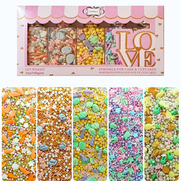 Confect Easter Sprinkles Edible | Assorted pack of 5 White, Pink and Gold Pearls, vermicelli , Easter Bunny & Stars I Cookies, D