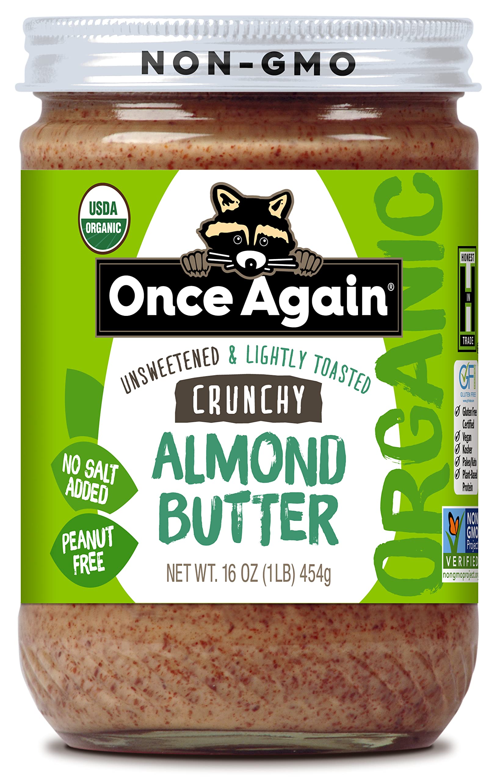 Once Again Organic Crunchy Almond Butter, 16Oz - Lightly Toasted - Salt Free, Unsweetened - Usda Organic, Gluten Free Certified, Peanut Free, Vegan, Kosher, Paleo - Glass Jar