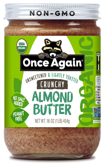 Once Again Organic Crunchy Almond Butter, 16Oz - Lightly Toasted - Salt Free, Unsweetened - Usda Organic, Gluten Free Certified, Peanut Free, Vegan, Kosher, Paleo - Glass Jar