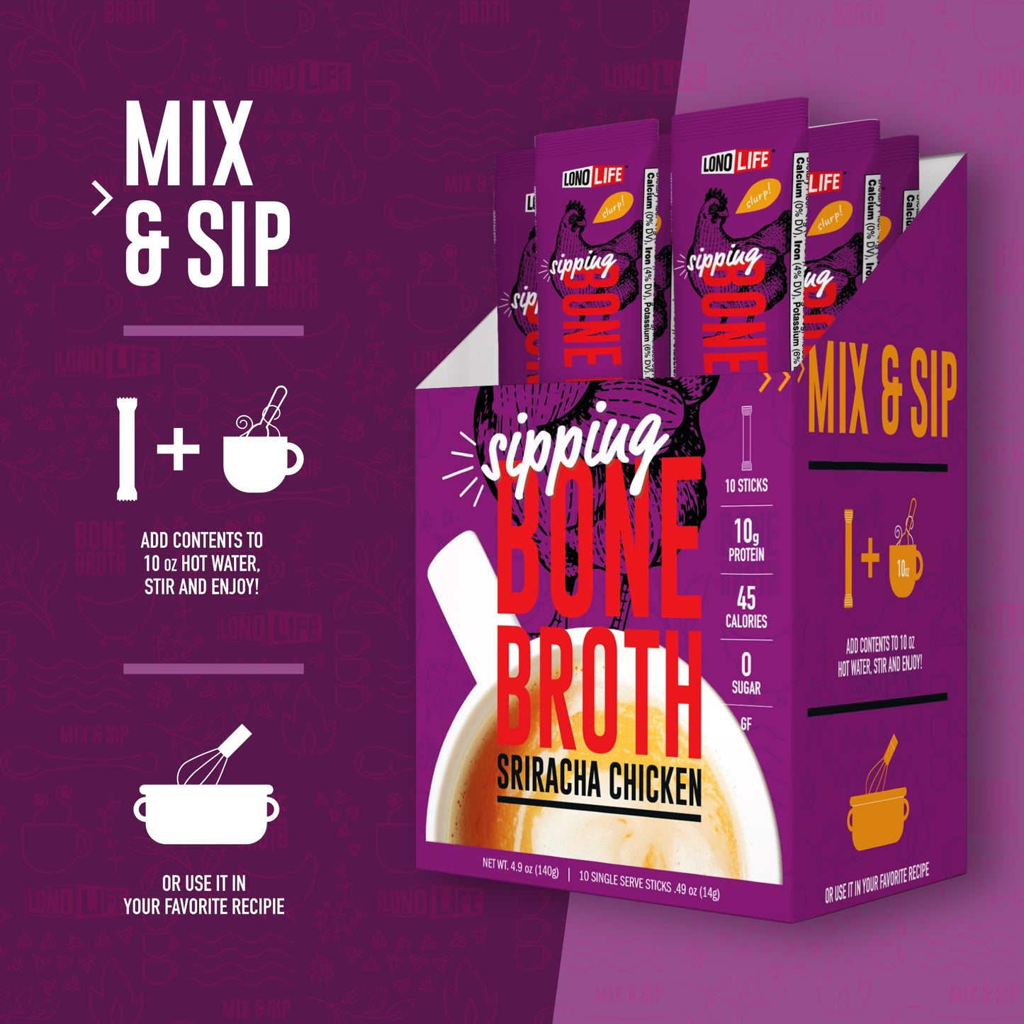 Lonolife Sriracha Chicken Bone Broth Powder Mix | 10G Protein | Collagen-Rich, Keto & Paleo Friendly | Natural Ingredients | 10