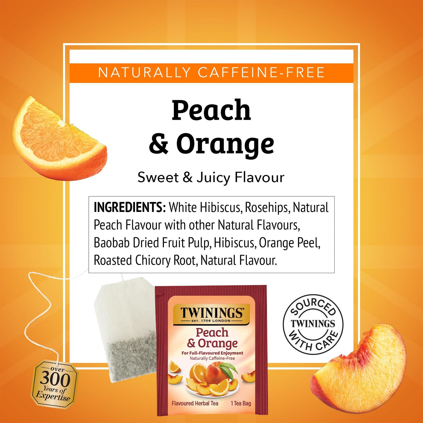 Twinings Herbal Tea, Peach & Orange, Caffeine-Free, 20 Teabags, Individually Wrapped, Enjoy Hot or Iced, 20 Count