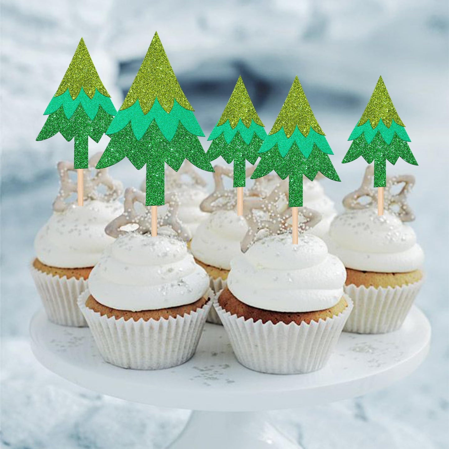 24 Pcs Merry Christmas Tree Cupcake Toppers Glitter Christmas Tree Cupcake Picks For Merry Christmas Theme Xmas New Year Holiday