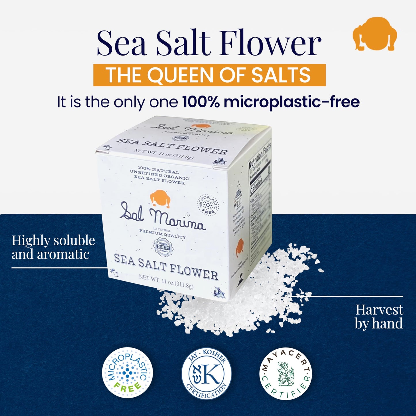 Sal Marina | Unrefined Sea Salt Flower 11Oz | Kosher Salt 100% Natural - Vegan Gluten Free Organic Table Salt Seasoning Food