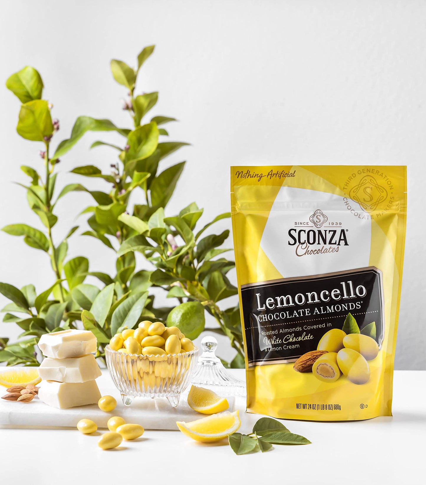 Sconza Lemoncello Lemon Cream & White Chocolate Almonds | Inspired by Italys Lemon Groves | Made in the USA | Pack of 1 (24 Oun