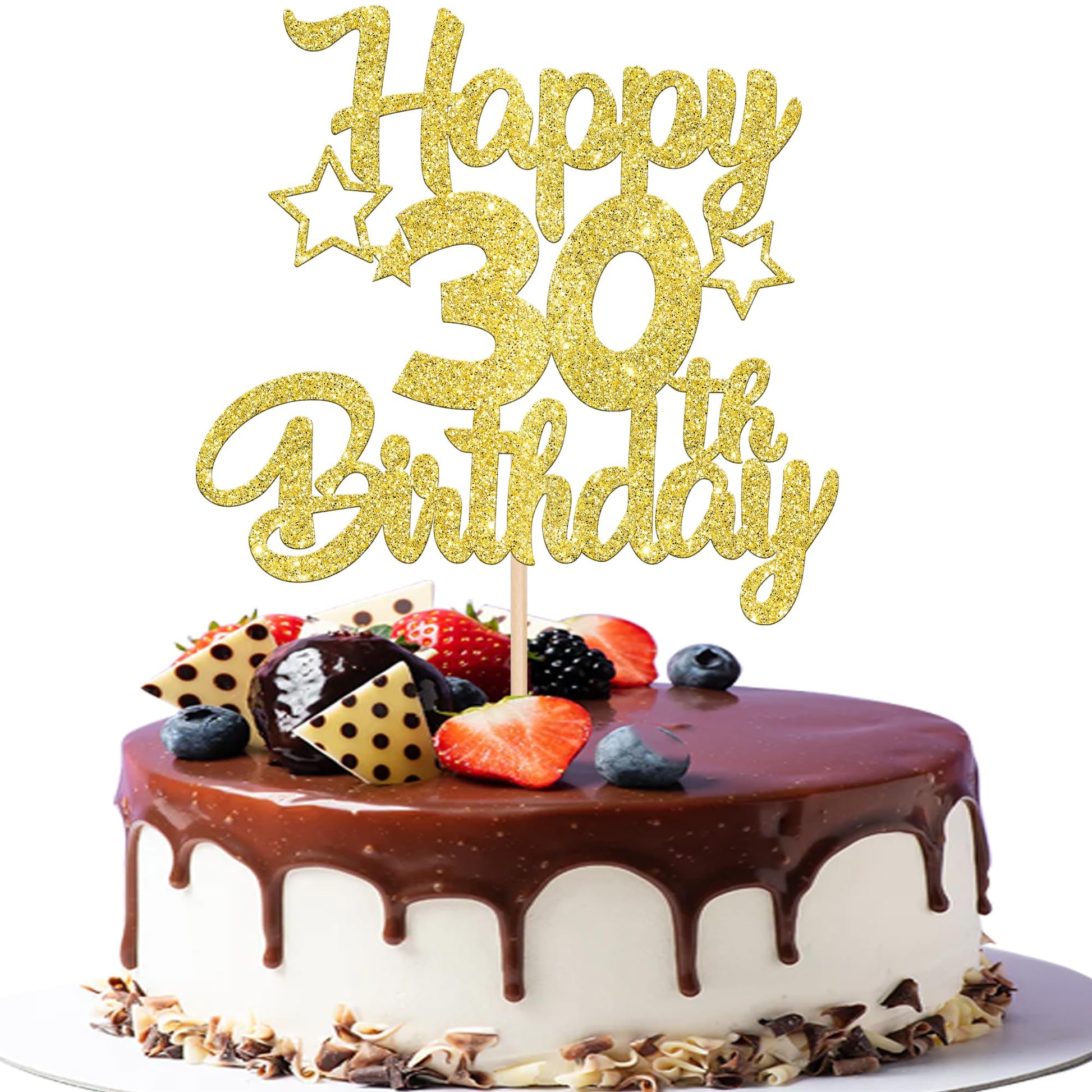 YCTHUNFISH 30th Birthday Cake Topper, Glitter Heart & Star Design, Gold, Paper, Party Supplies